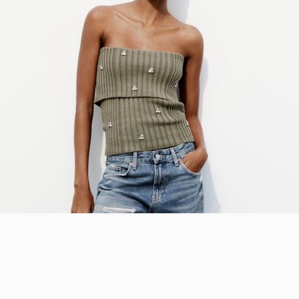 NWT Zara Khaki JEWEL BEADED OFF THE SHOULDER KNIT TOP. Size Medium